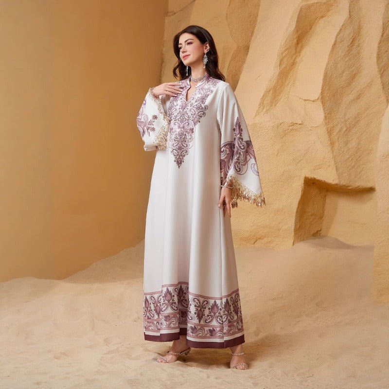 Abaya de soirée brodée Luxe | Robe maxi à manches évasées avec détail à franges (MA338)