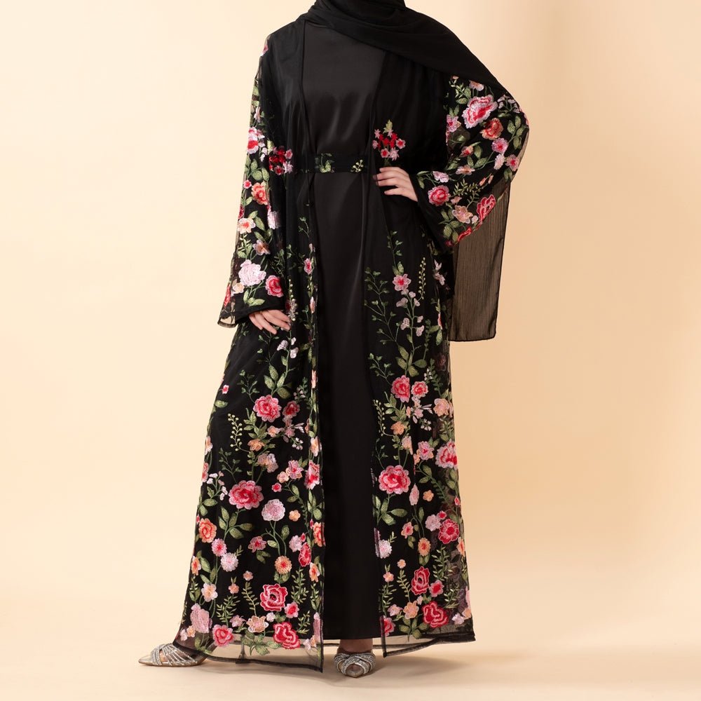 Abaya ouverte brodée Jardin de Roses effet 3D (MOA275)