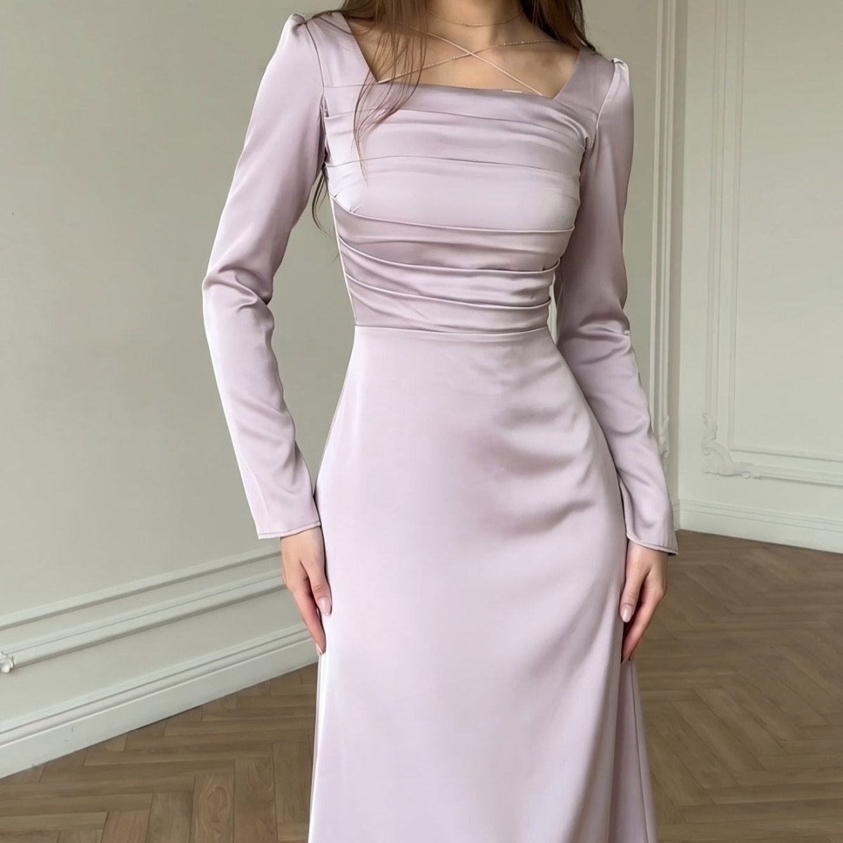Robe Longue en Satin à Corsage Froncé (MS446)