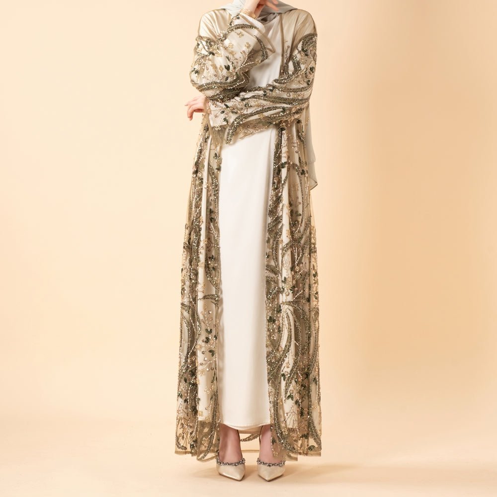 Abaya Ouverte de Luxe Ornée de Perles et de Paillettes Brodées pour Eid & Mariage (MOA305)