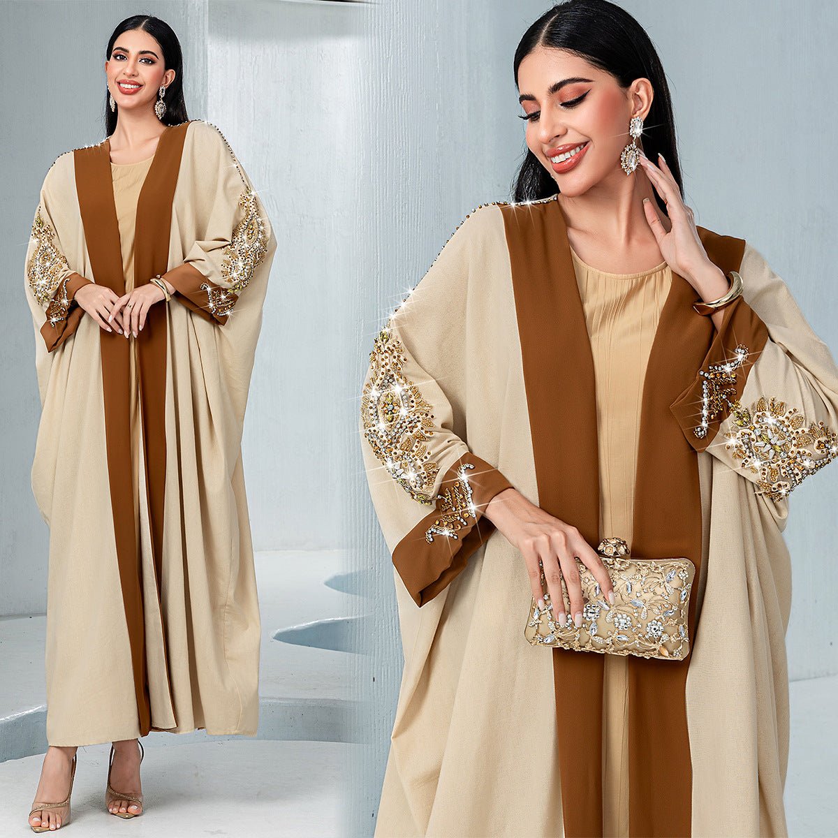 Veste Abaya de Luxe en Perles Rouille pour Mariage et Fêtes Musulmanes, Kaki avec Broderie Dorée Contrastante (MOA158)