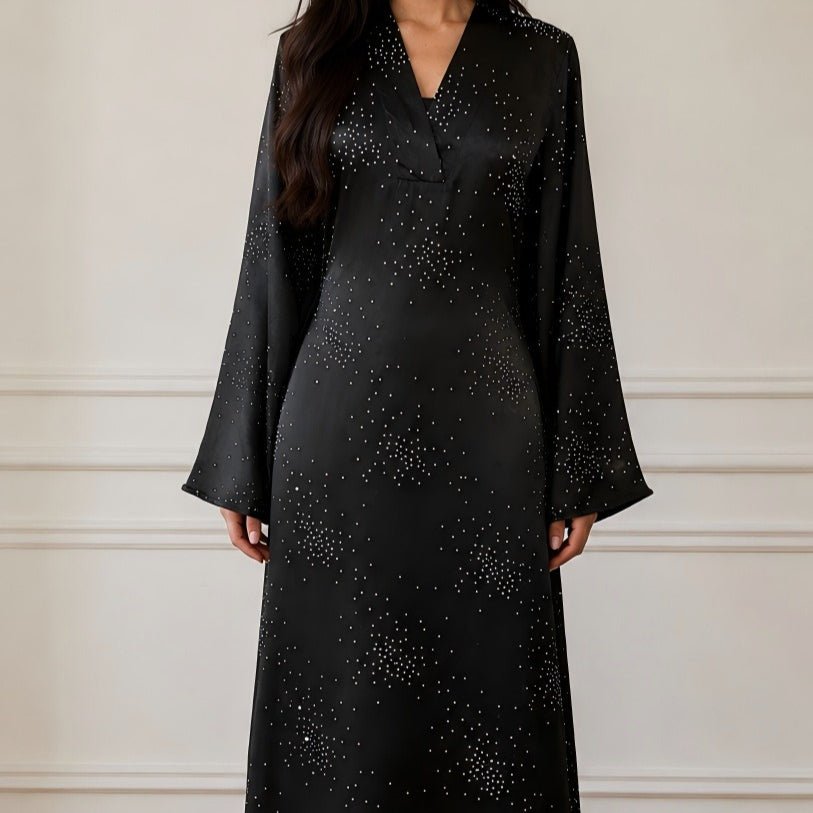 Robe Maxi Galaxy Rhinestone Encolure V Manches Évasées (MS518)