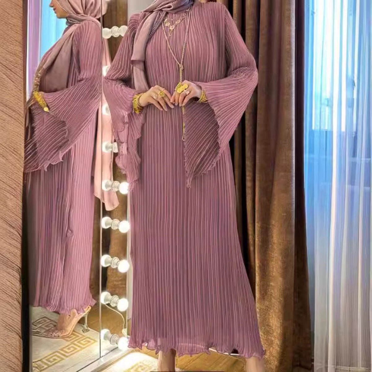 Abaya plissée Lavender Dream | Robe maxi modeste à manches évasées (MA263)