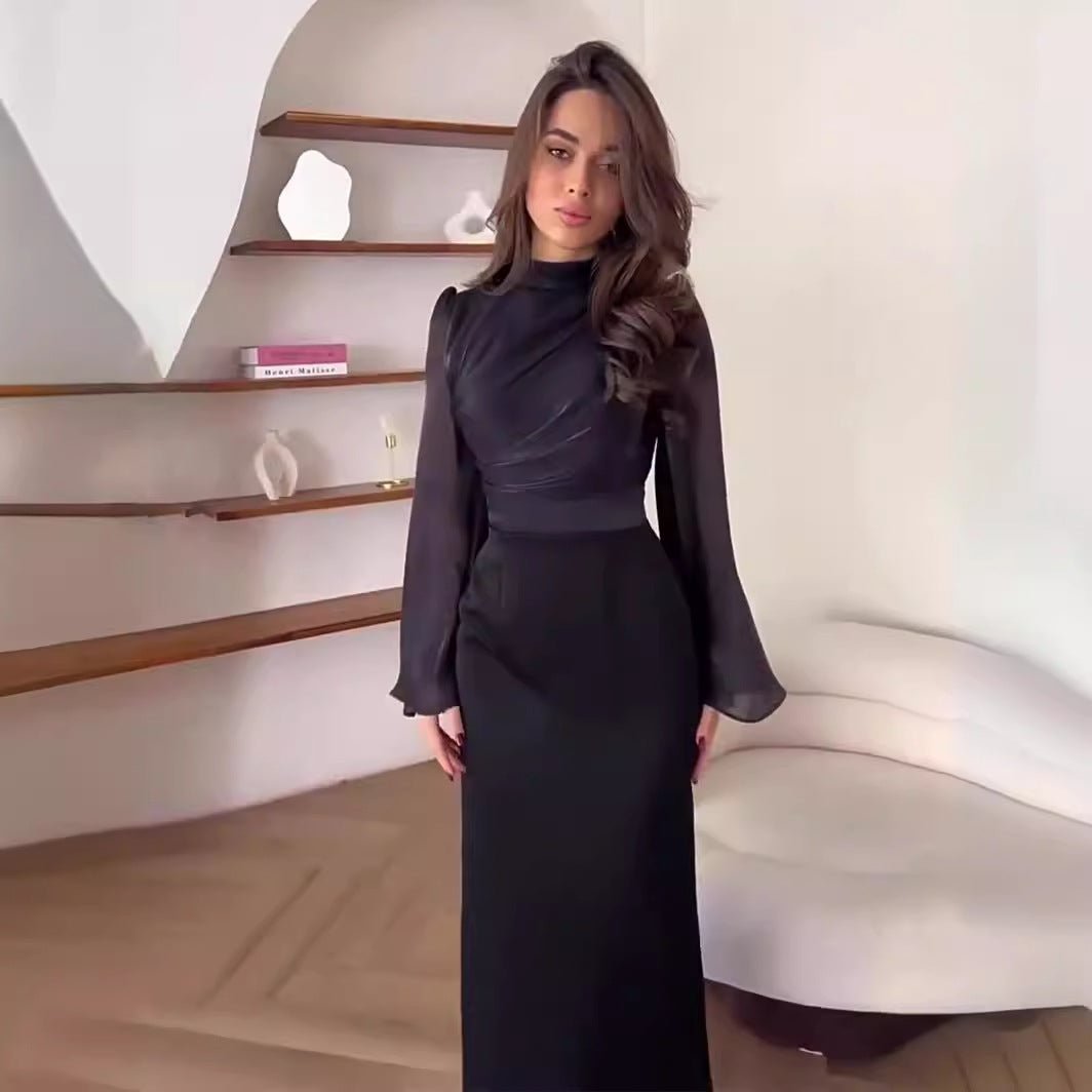 Robe Abaya élégante à demi-col roulé, manches évasées et plis à la française (MA198)