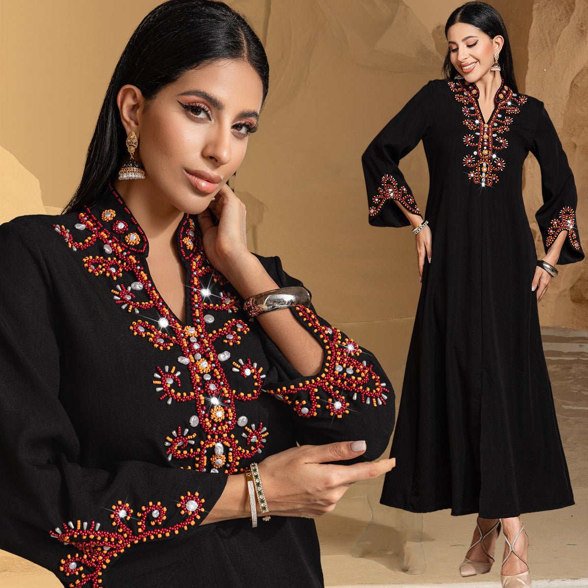 Abaya de fête et de mariage Luxury V-Neck noire et dorée, brodée de perles de riz (MA187)