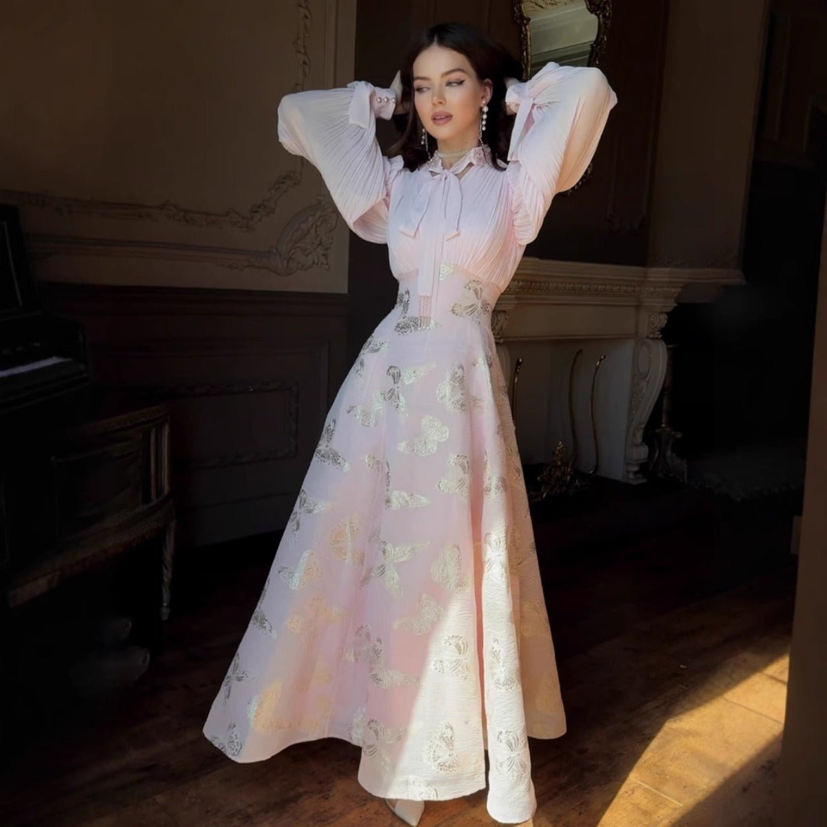 Robe Maxi Élégante à Manches Longues, Abaya à Motif Papillon / Robe Longue (MA219)