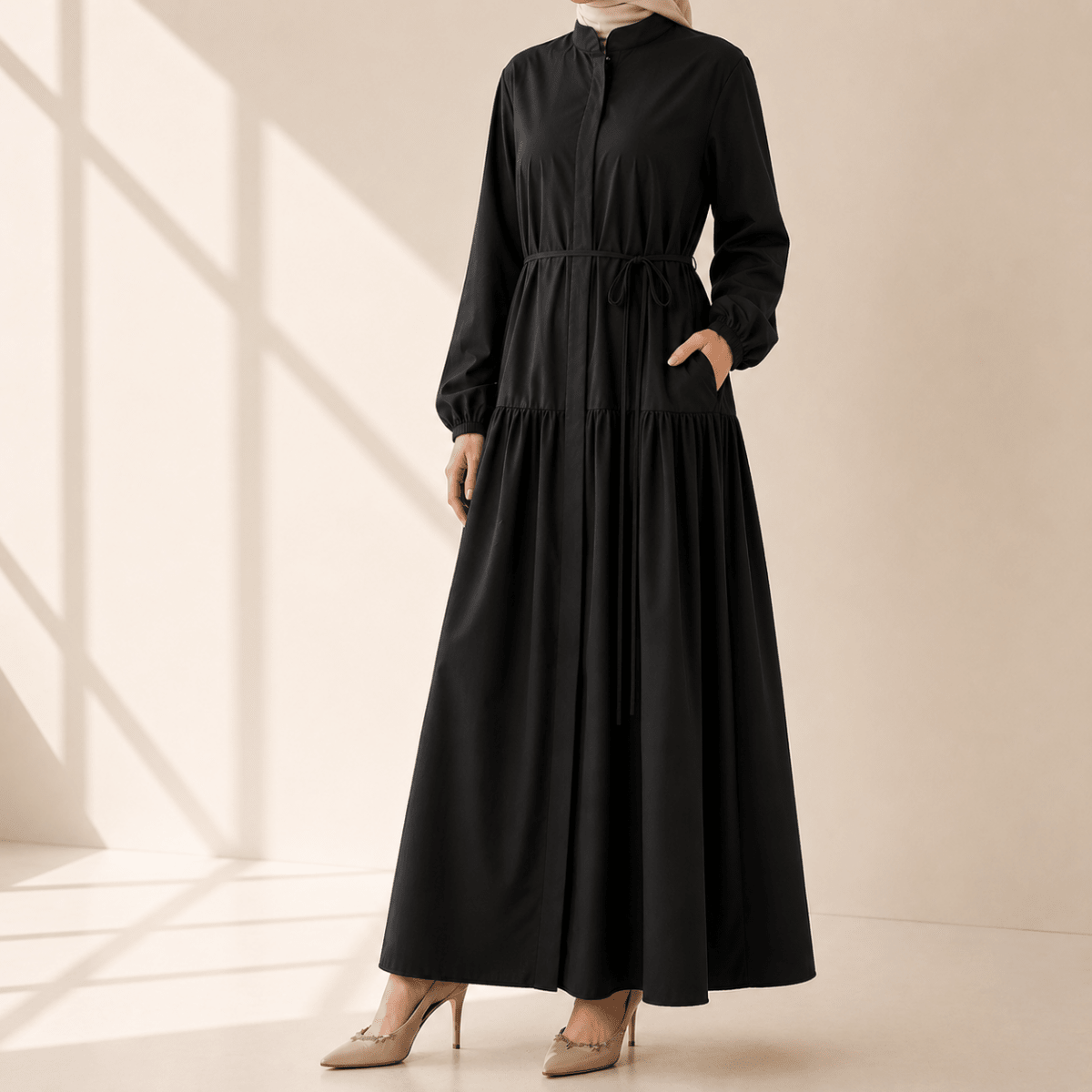 Robe Abaya Maxi Trench Cintrée en Ligne A avec Poches (MA422)