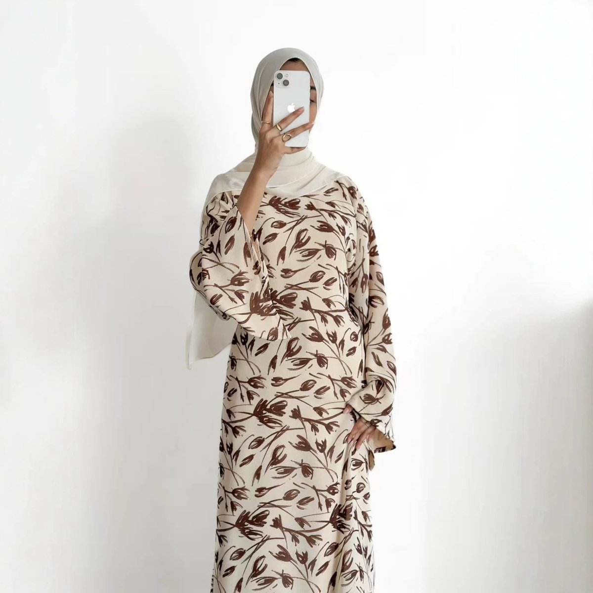 Robe Maxi Imprimée à Manches Cloche Froissées-Délavées (MS474)
