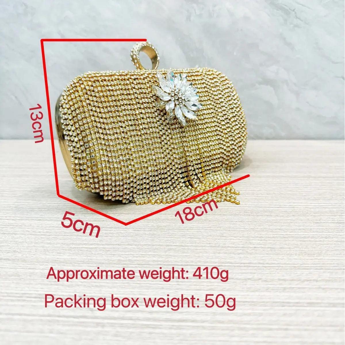 MAC056 Pochette de soirée à pompon, sac à main de luxe orné de strass, pour soirée et bal de promo, avec chaîne amovible