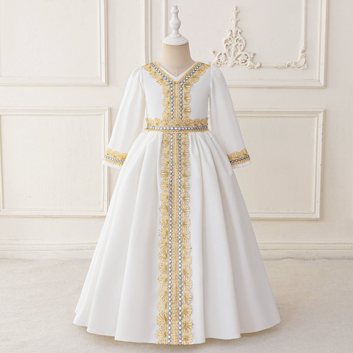 Robe Kaftan Brodée pour Filles avec Ceinture Ornée de Bijoux (MKG021)