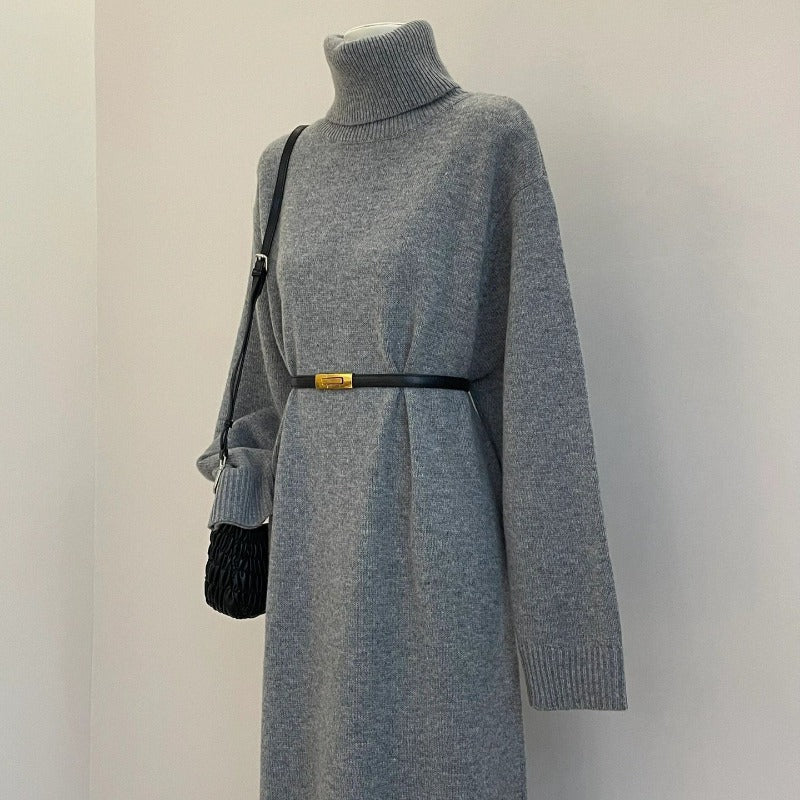 Robe Maxi en Tricot à Col Roulé Automne Hiver | Robe Pull Grise à Manches Longues, Style Élégant et Décontracté (MS131)