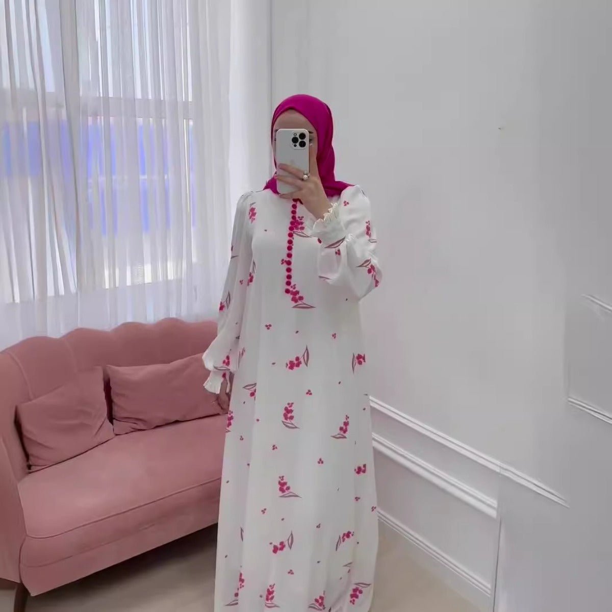 Robe Longue Élégante à Manches Volantées, Motif Floral Rose Romantique, Robe Modeste Abaya (MA227)
