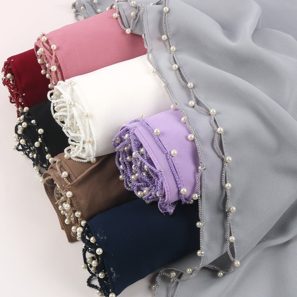 Hijab en Chiffon Uni avec Bordure Perlée Délicate, Vague Ornée de Perles (MH139)