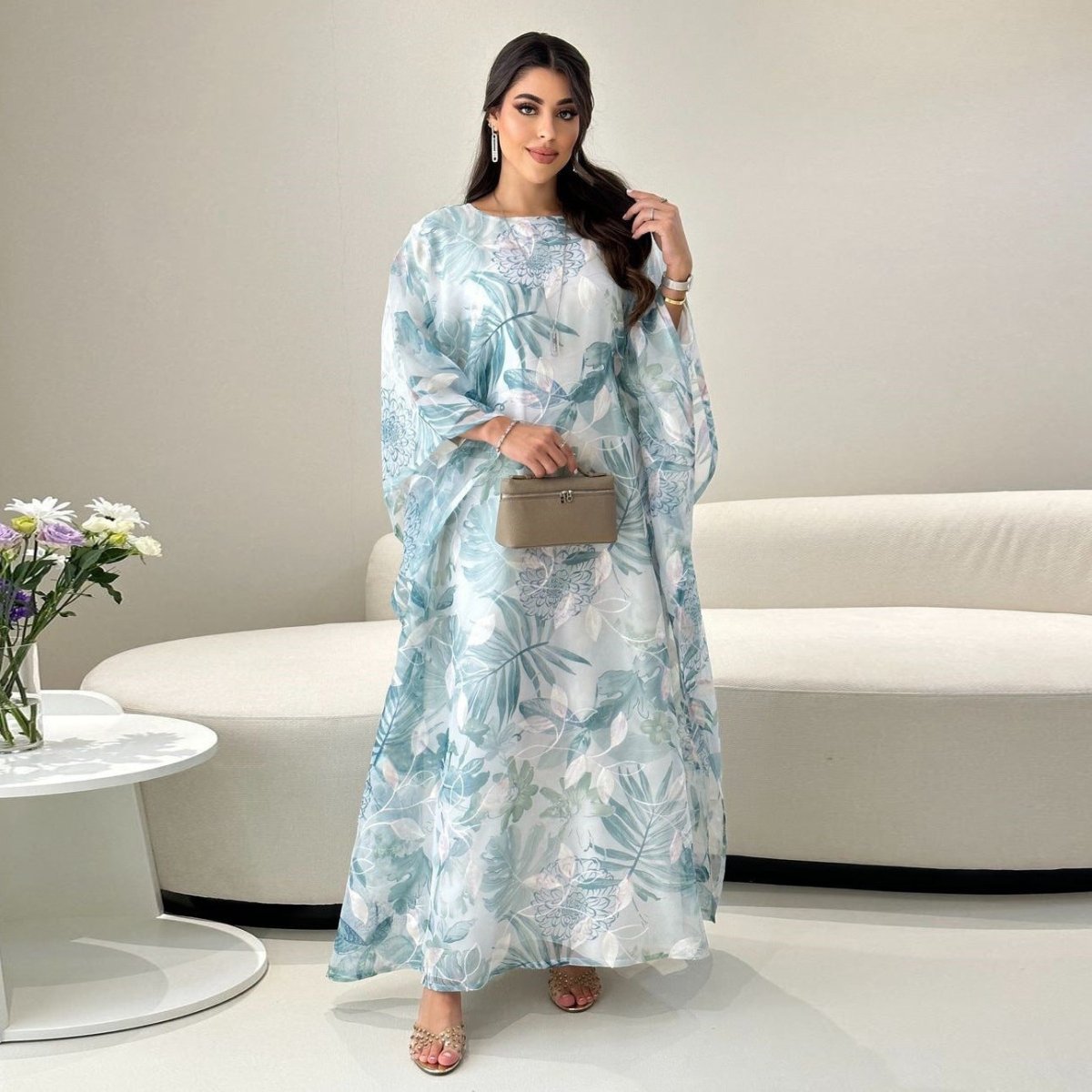 Abaya Kaftan Fleurs Aquarelle | Abaya à Enfiler Manches Chauve-Souris (MA371)