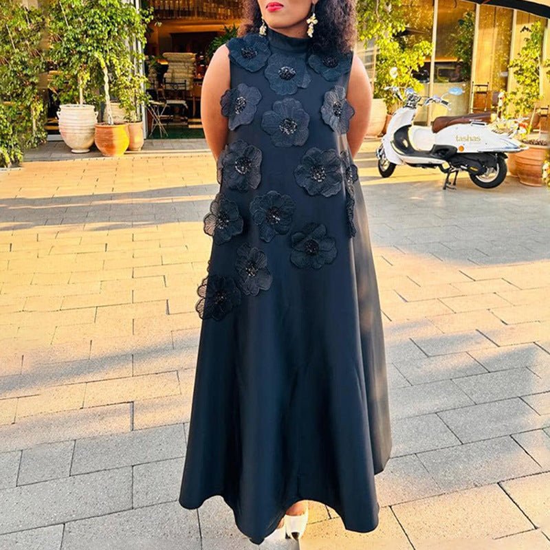 Robe Maxi sans Manches à Appliqués Floraux 3D (MS358)