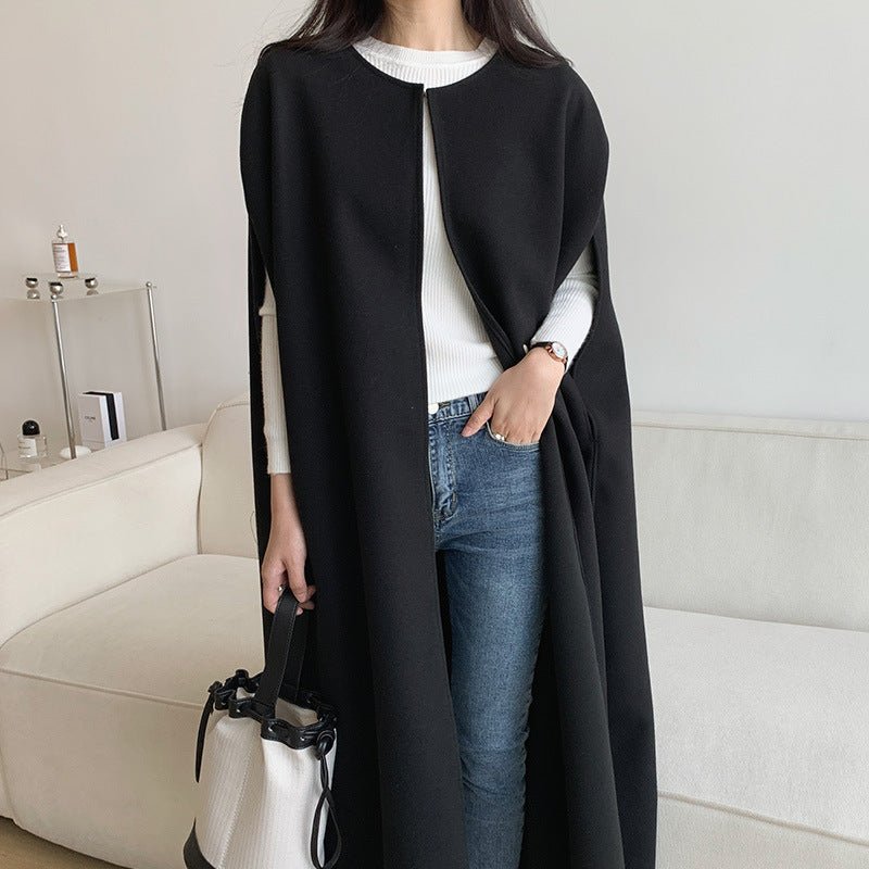 Gilet Cape sans Manches | Gilet-Manteau Long Minimaliste en Mélange de Laine (MS204)