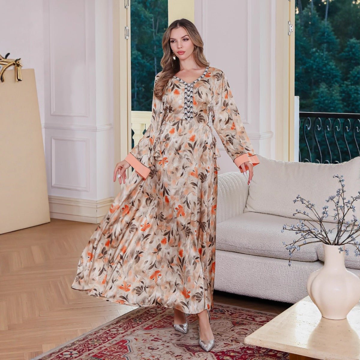 Abaya Botanique Modest Luxury | Robe Fleurie Crème & Orange avec Manches Élégantes (MA260)