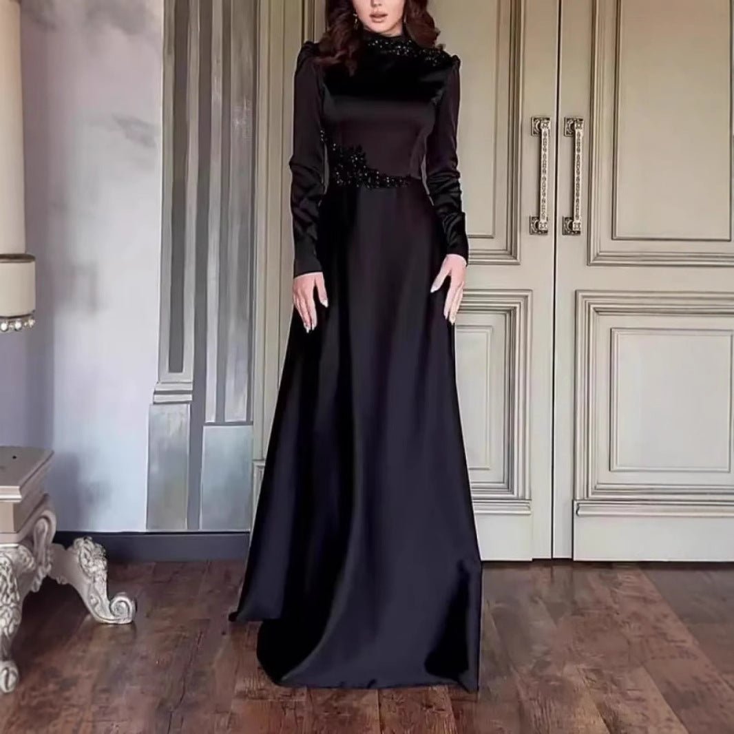Robe de Soirée en Satin Perlé | Robe Longue à Col Montant et Manches Longues (MA348)