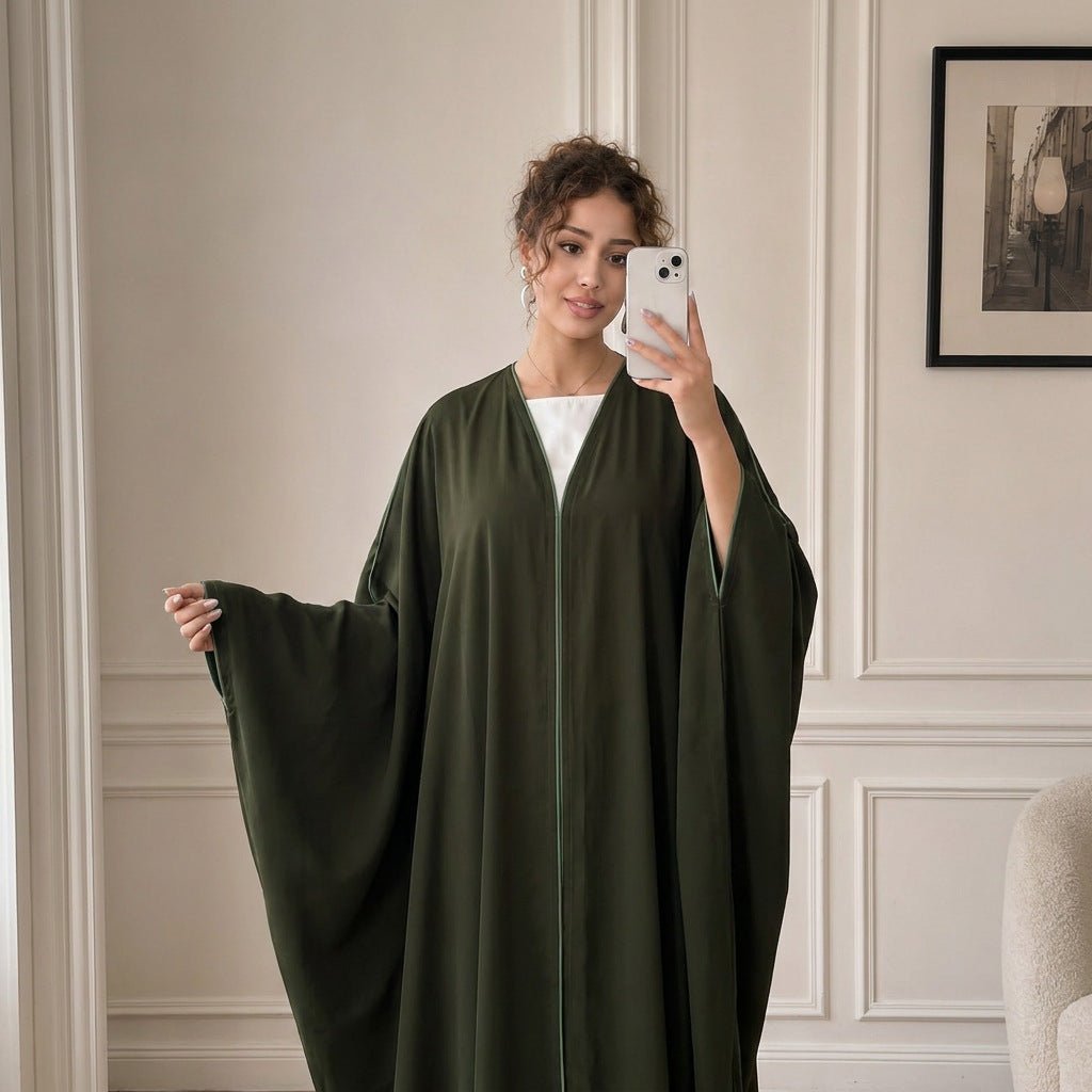 Abaya ouverte manches chauve-souris avec liseré contrastant (MOA325)