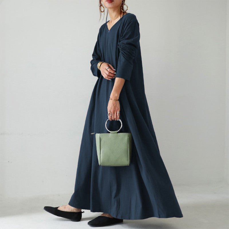 Robe Maxi Élégante à Col en V et Manches Longues | Robe Ample avec Poches Cachées(MA314)