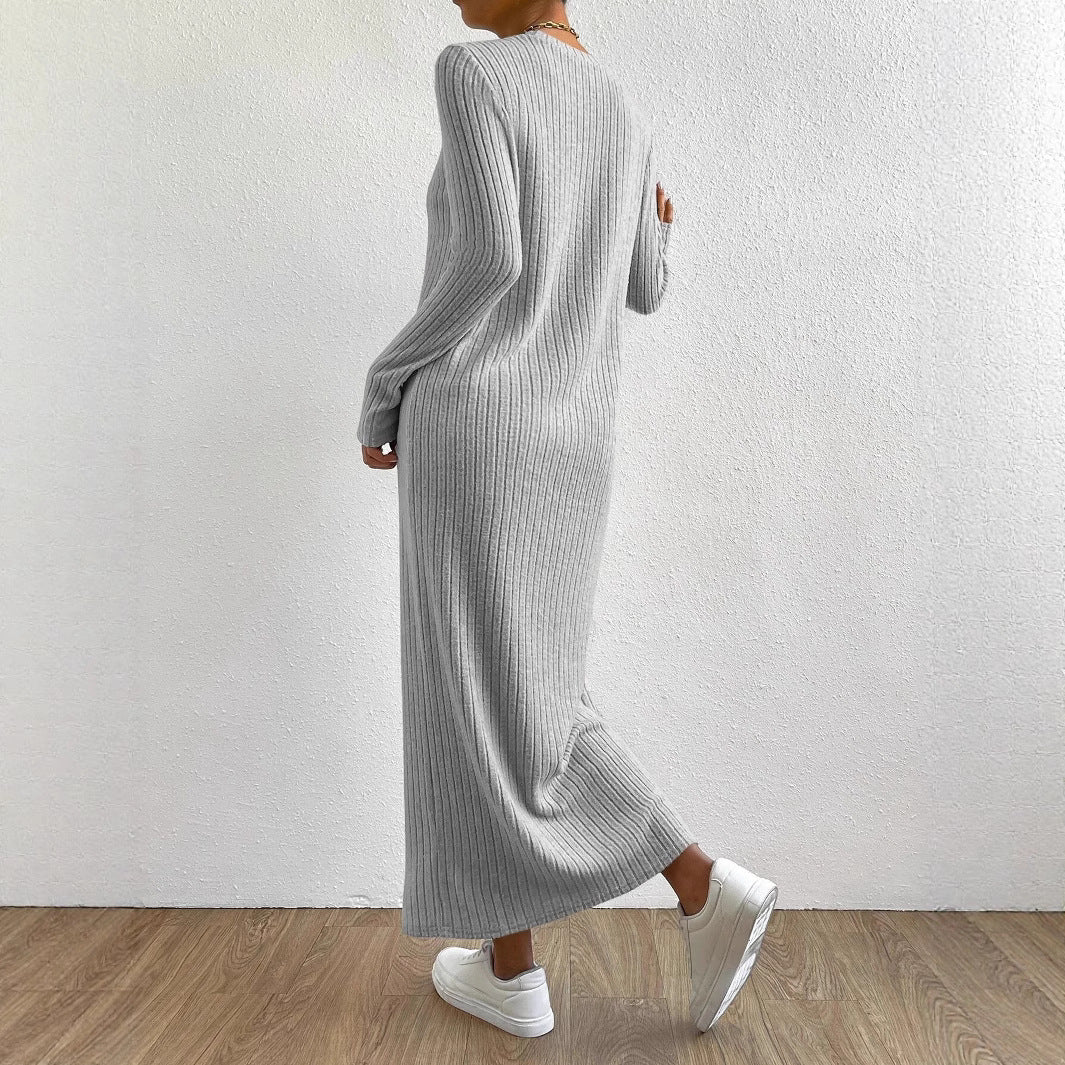 Robe Maxi en Tricot Côtelé | Robe Pull Décontractée à Manches Longues (MS226)