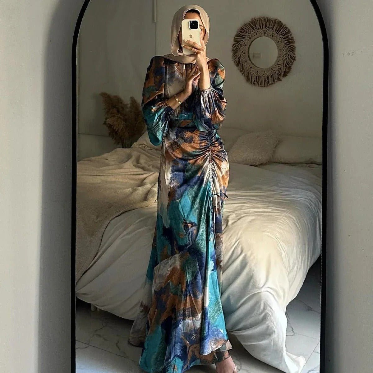 Abaya à Manches Cloche Plissées à Imprimé Exotique (MA166)