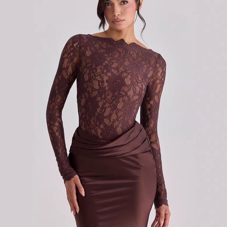 Robe Maxi Sirène en Satin Froncé avec Bustier en Dentelle (MS415)