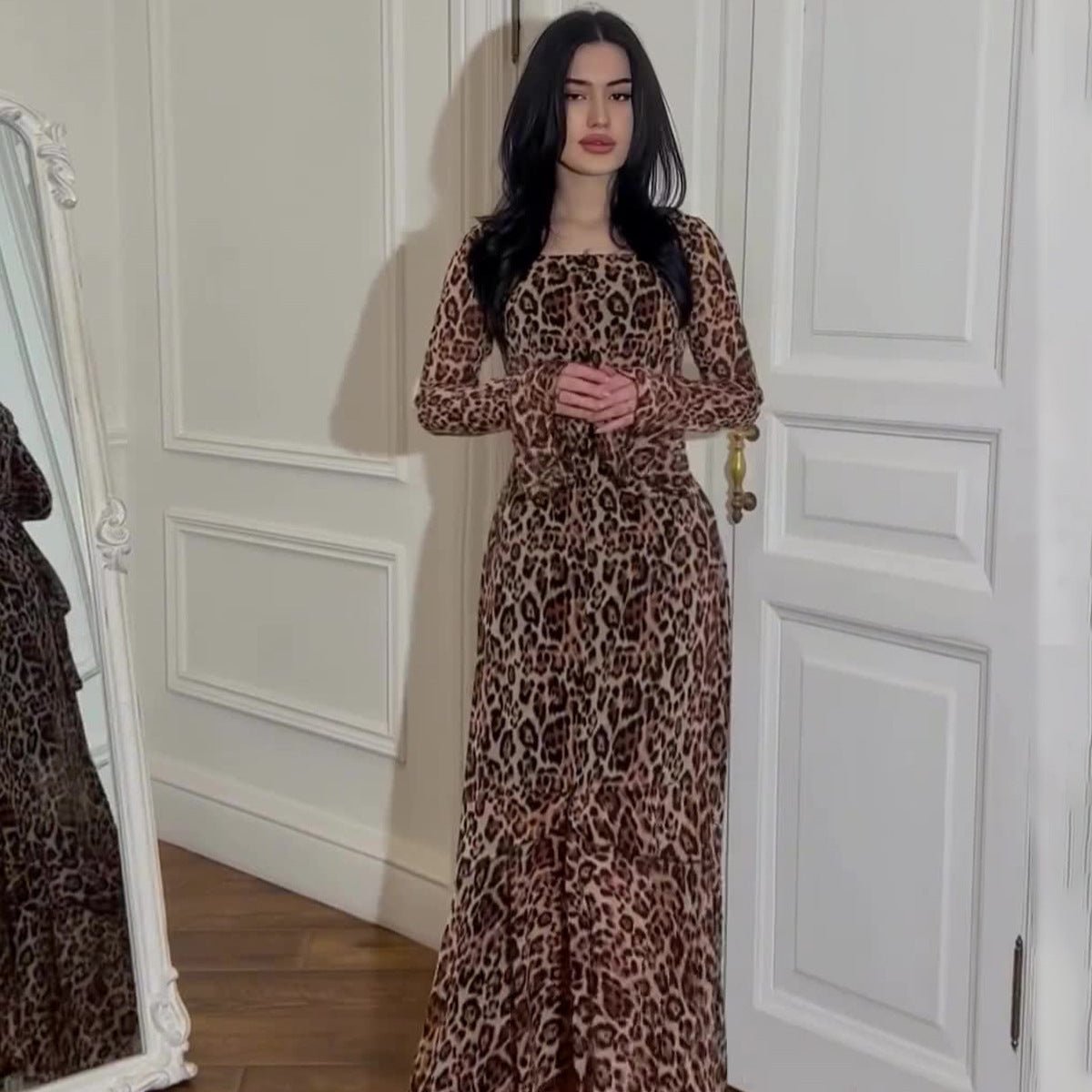 Robe en mousseline imprimé léopard à manches volantées (MS336)