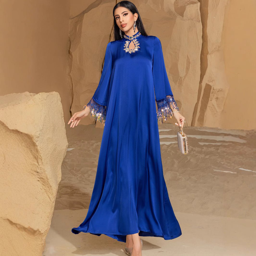 Robe Abaya longue élégante bleue | Abaya bleu dégradé à franges (MA184)