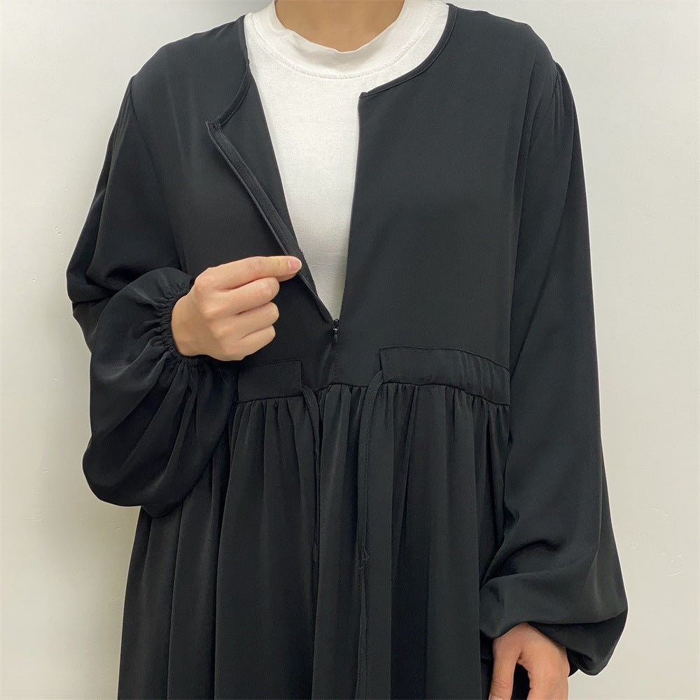 Abaya Ample Modeste pour Musulmane, Manches Extensibles, Fermeture Éclair Frontale, Coupe Trapèze (MA175)