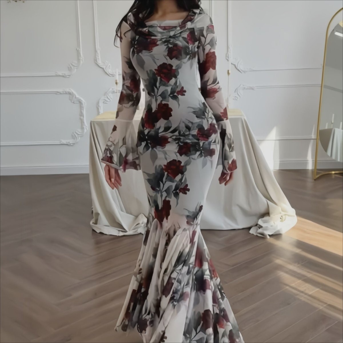 Robe Sirène Fleurie Romantique | Robe Longue Élégante à Ourlet Volanté, Manches Longues, Style Français (MS268)