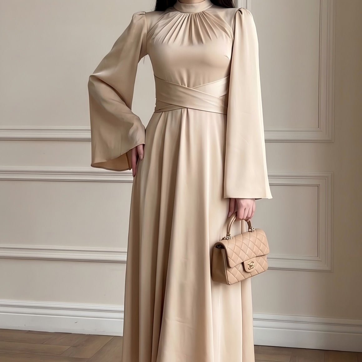 Robe Maxi en Satin à Col Croisé Drapé (MS445)
