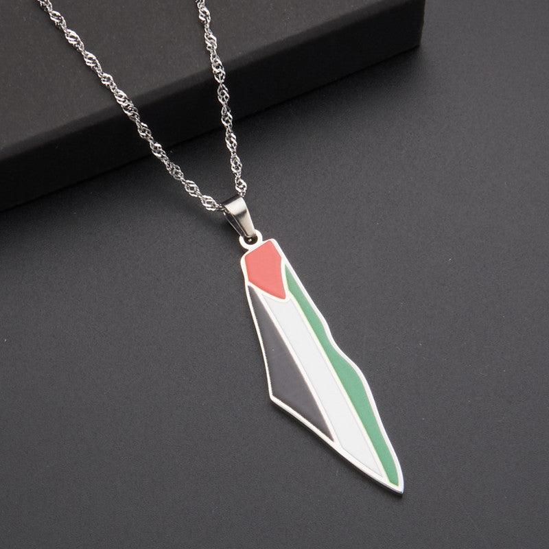 MAC100 Collier pendentif en acier inoxydable vintage, carte de la Palestine et motif keffieh