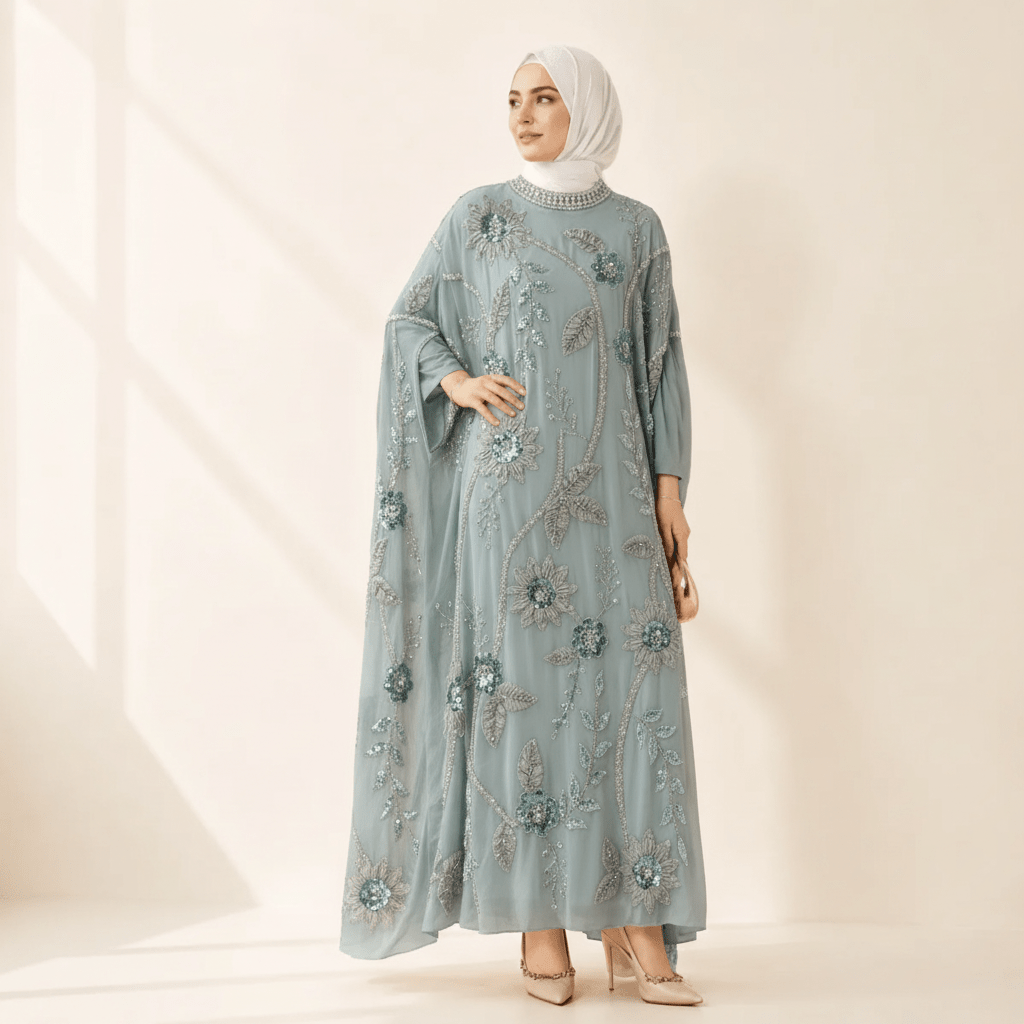 Abaya Floral aux Perles Brodées avec Manches Chauve-Souris Drapées(MA453)