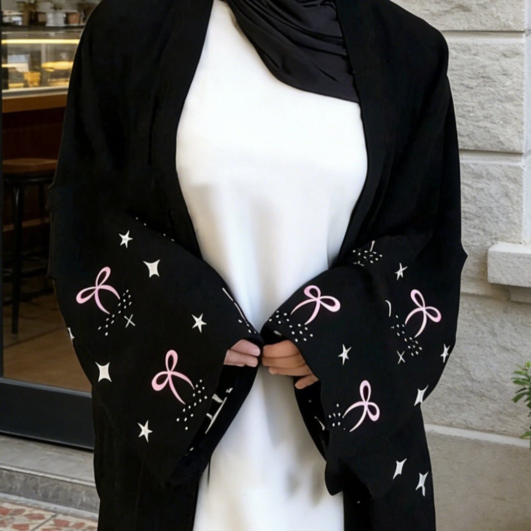 Abaya ouverte rose brodée nœud et étoile (MOA345)