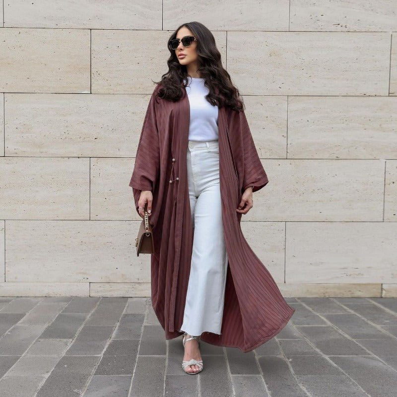 Cardigan Abaya Col en V | Kimono à Manches Chauve-Souris avec Boutons Perlés (MOA226)