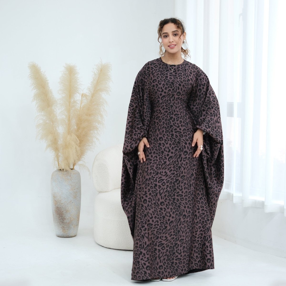 Robe Maxi Imprimé Léopard à Manches Chauve-Souris (MA450)