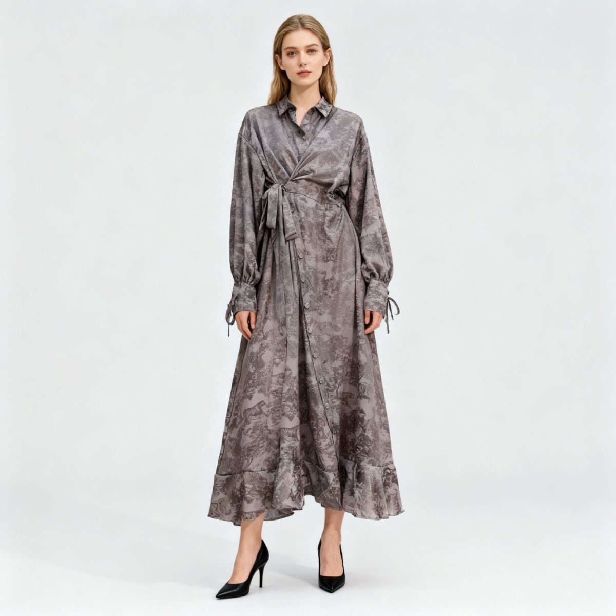 Robe Portefeuille en Jacquard Floral | Robe Maxi à Col et Manches Nouées (MS257)