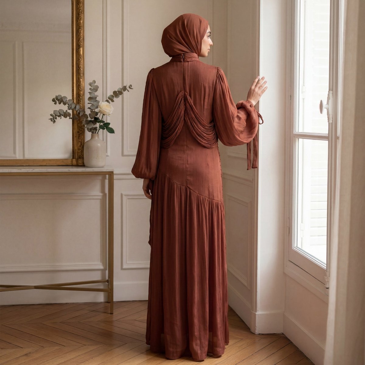 Robe Maxi à Col Tressé, Fronces et Franges (MS406)