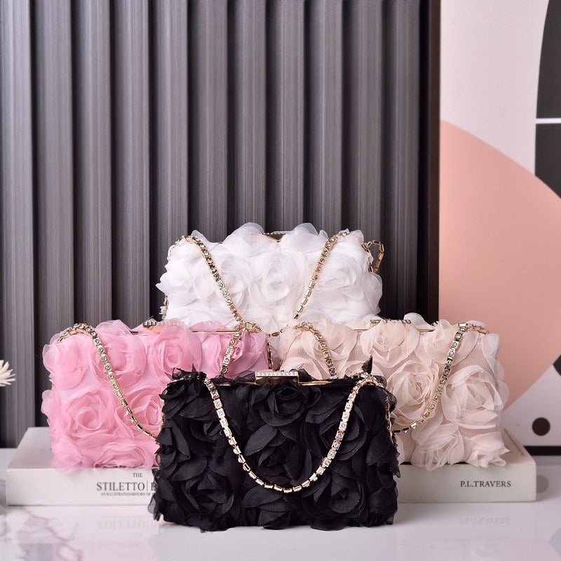Sac de soirée en mousseline rose | Pochette florale avec chaîne en cristal (MAC355)