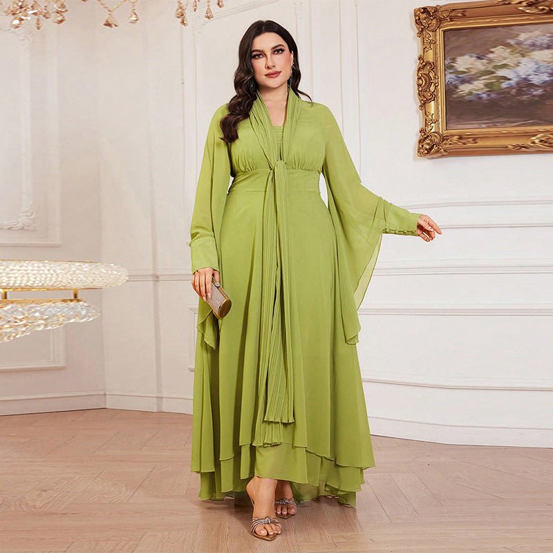 Robe Maxi Grande Taille Plissée avec Col Cravate (MS370)
