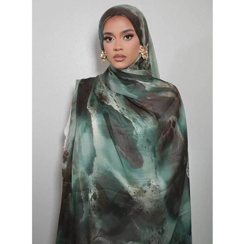 Foulard Hijab Imprimé Luxueux Aspect Soie | Grand Hijab Rectangulaire 180x85cm (MH146)