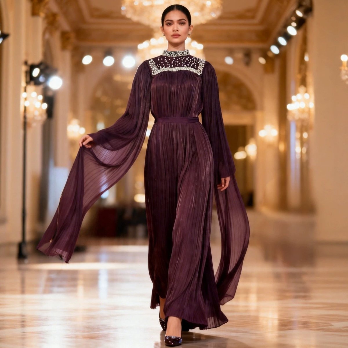 Robe longue plissée en mousseline perlée de perles et cristaux (MA441)