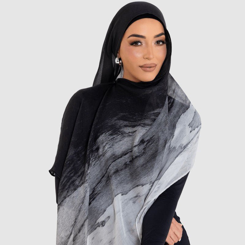Hijab en Mousseline Imprimé Marbre | Effet Tie-Dye Noir & Blanc (MH227)