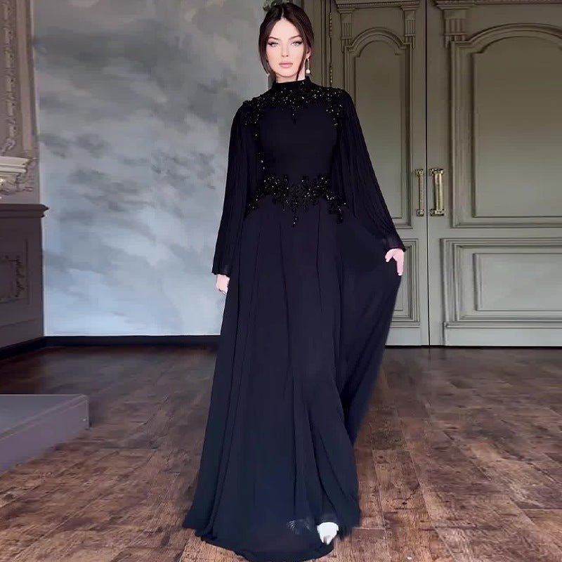 Robe de soirée en dentelle perlée | Robe longue à manches plissées avec appliques de cristaux (MA346)