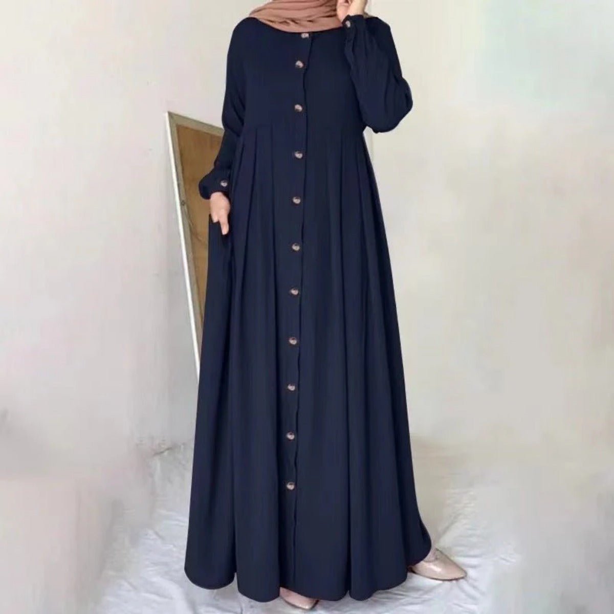Robe Maxi Plissée à Boutons | Abaya Ample Modeste (MA181)