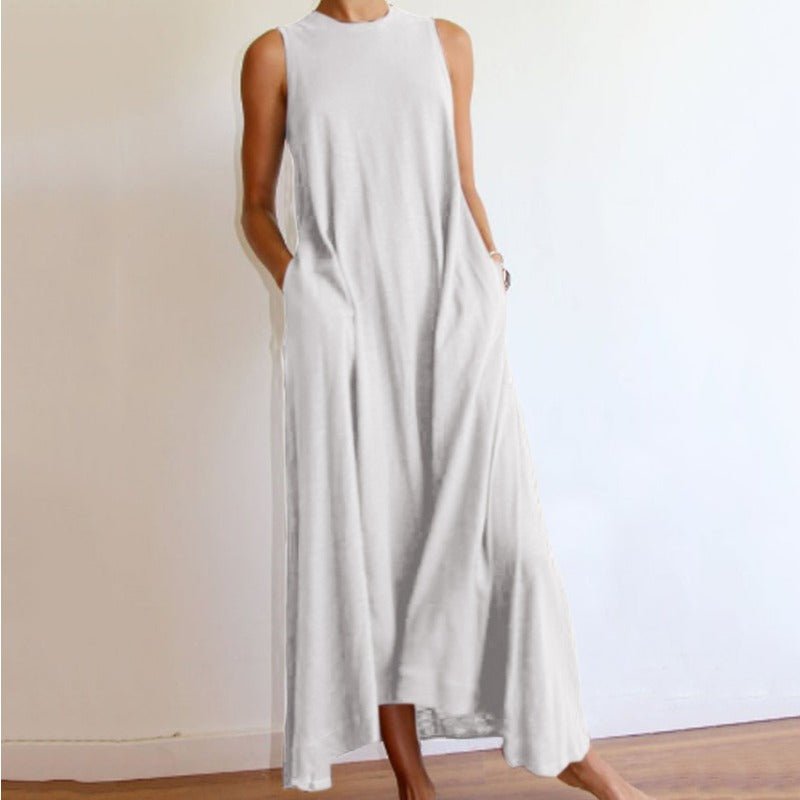Robe Maxi en Soie sans Manches avec Poches | Robe Maxi en Soie Coupe A-Line sans Manches (MS189)