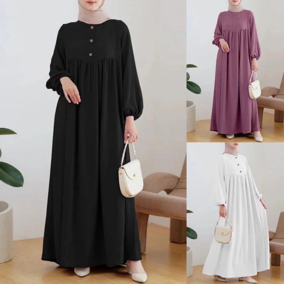 Robe Abaya Maxi Longue Unie à Manches Bouffantes et Boutons, Casual et Élégante (MA157)