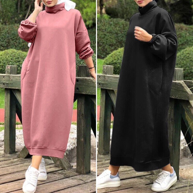 Robe Maxi Col Roulé Doublée Automne Hiver | Robe Sweat Décontractée avec Poignets Élastiqués (MS138)