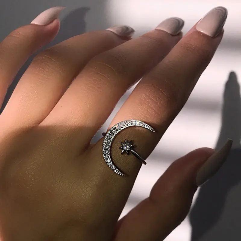 Bague ouverte MAC035 Lune et Étoile en Zircone Cubique